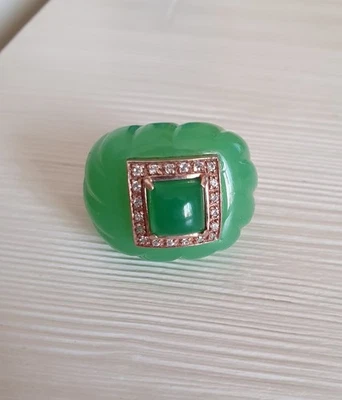 Anello giadeite giada mis 13 pietra verde pietre preziose argento 925 dorato oro - Immagine 1 di 4