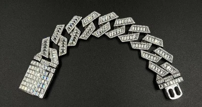 "Brazalete de eslabones cubanos baguette helada VVS1 moissanita plateada 8"" x 23 mm" Foto 1 de 4