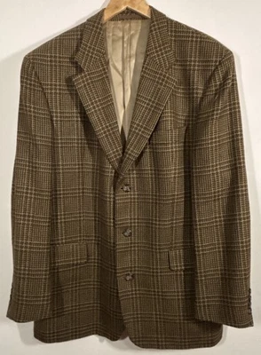 HUGO BOSS Mens 46L Poseidon Tweed Sport Coat Brown Check Jacket Hunting Vintage - Image 1 of 4