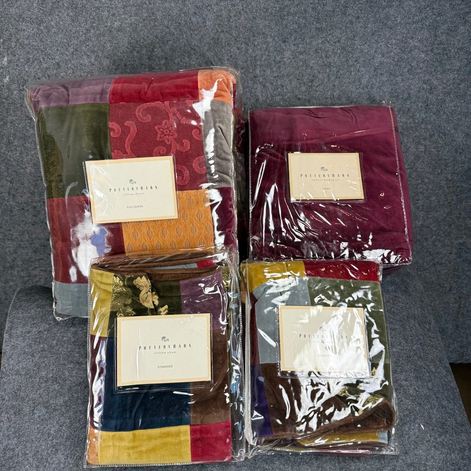 Pottery Barn Clifton Quilt Duvet Sham Bedskirt Set Full Queen Velvet Patchwork - Image 1 of 4