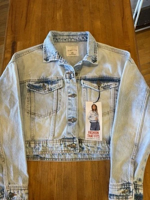 Celebrity Pink Cropped Denim Blue Jean Jacket. L (11-13). Distressed Design. New - Image 1 of 4