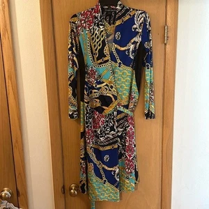 Julian Chang Women’s Chain Print Colorful Wrap Dress Gold Blue Size Medium - Picture 1 of 9