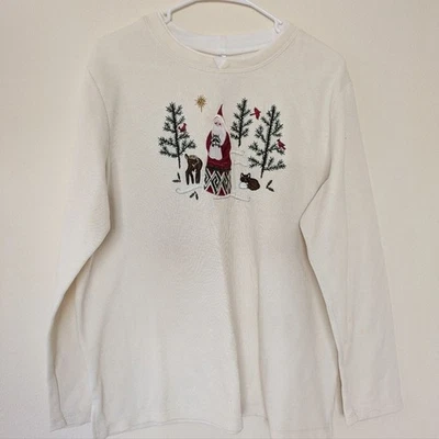 Suéter de Natal creme veado branco manga longa Papai Noel árvores feminino tamanho XL - Imagem 1 de 4