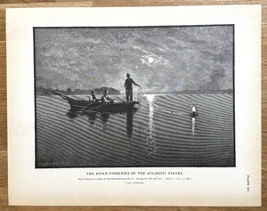 Schattenangeln bei Nacht am Susquehanna Fluss 1887 antiker Angeldruck - Bild 1 von 10