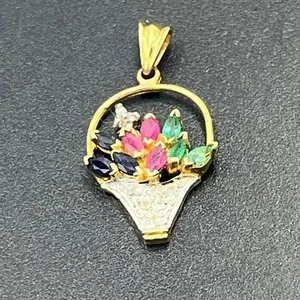 Yellow Gold Vtg 14K Sapphire Diamond Ruby Emerald Flower Bouquet Basket Pendant - Picture 1 of 12