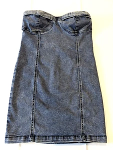 Forever 21 Strapless Mini Denim Dress Juniors Size Medium Stretch with Zipper - Picture 1 of 10