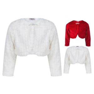 Girls Bolero Shrug Ivory Faux Fur Long Sleeve Tippet Diamante Fastening Occasion - Picture 1 of 5