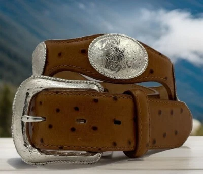 Cinto Justin Estilo Avestruz Concho Top Couro Grão Tamanho 30 Fabricado nos EUA Novo com etiquetas - Imagem 1 de 4