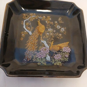 (2) OMC JAPANESE PORCELAIN BLACK PLATE GOLD PEACOCKS MOTIF JAPAN 5.5" x5.5" - Picture 1 of 5