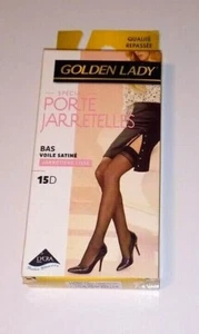 GOLDEN LADY BAS JARRETIÈRE VOILE SATINÉ 15 DENIERS POUR PORTE JARRETELLES NOIR - Picture 1 of 6