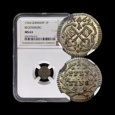 GERMANY. 1764, Pfennig, Silver - NGC MS63 - Regensburg, City Arms Keys - Image 1 of 4