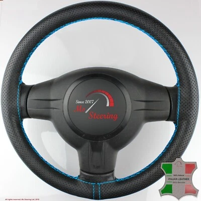 PARA SUZUKI AERIO 02-07 NEGRO PERF CUERO VOLANTE CUBIERTA, AZUL CLARO 2 PUNTOS Foto 1 de 4