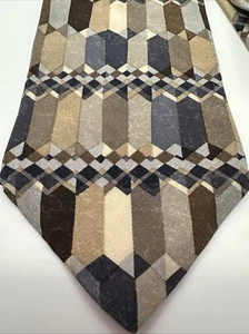 Conte di Milano Men's Italian Silk Necktie - Brown Tan Blue Abstract Geometric - Picture 1 of 14