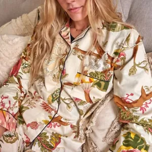 Indian 100% Cotton White Tree Printed PJ Sets Women's Sleepwear Night Suit US - Picture 1 of 4