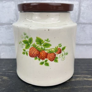 Vtg Strawberry Theme Speckled Pottery Canister With Lid - Picture 1 of 9