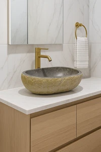 Lavabo in pietra naturale 41x30x15 cm – Lavandino da appoggio artigianale modern - Imagen 1 de 9