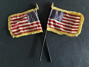 2 VTG Desk Top/Parade American Flag 48 Stars Gold Fringe Wood Stick EX Cond. - Picture 1 of 3