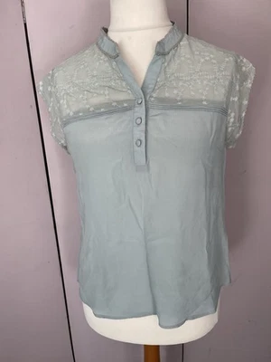 Brora Pale Blue Silk Button Front Blouse, Embroidered Detail Uk10 PB41 - Image 1 of 4