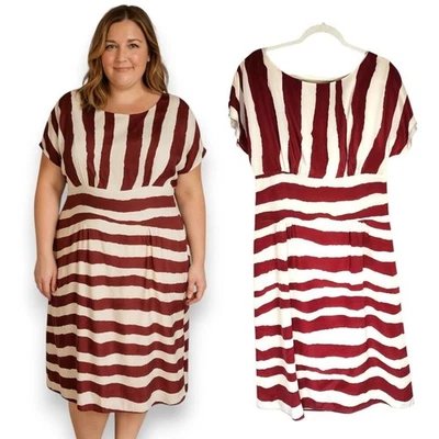 J. Peterman Burgundy Cream Striped Silk Midi Dress Size 12 - Image 1 of 4