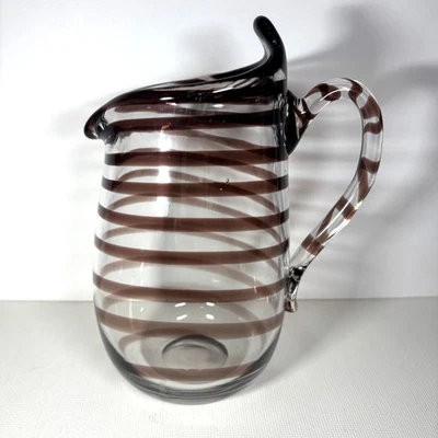 Mid Century Art Glass Pitcher Kalmar Glasbruk Sweden Handblown Brown Swirl 7.5" - Image 1 of 4