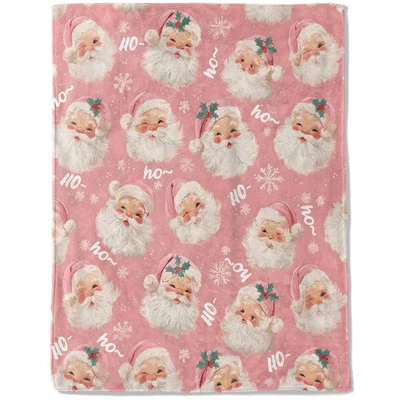 Christmas Decorative Blanket, Vintage Santa Face and Snowflake Print Throw De... - Image 1 of 4