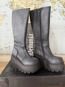 NIB DEMONIA SHAKER 100 Women's Black Wedge Platform Goth Punk Vegan Knee Boots - Picture 1 of 11