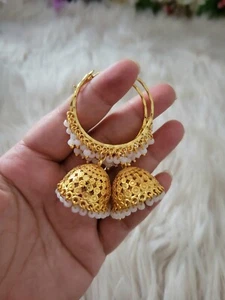 22k Gold plated Earrings Jhumke Jhumka Indian Nepali Bollywood Bridal Necklace - Picture 1 of 5