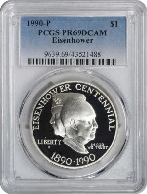 1990-P Eisenhower Ike Silver Commemorative Dollar PR69DCAM PCGS Proof 69 DC - Image 1 of 2