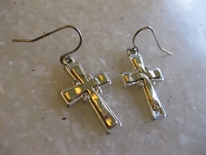 Silver & Gold Tones Cross Earrings, Small Rhinestone Accents / Shepherd Hooks - Picture 1 of 4