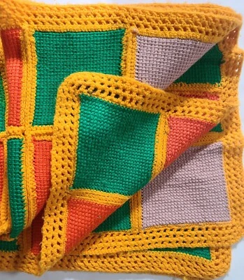 复古阿富汗橙色橘子绿色棕褐色针织奶奶手工制作 50x80 — 第 1/4 张图片