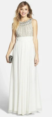 JS Collections Halter Beaded Embellished Chiffon Gown Ivory White 0 - Image 1 of 4