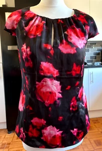 VGC Ladies CLEMENTS RIBEIRO Portobello ROSE Print Soft BLACK SATIN Blouse Top M - Picture 1 of 12