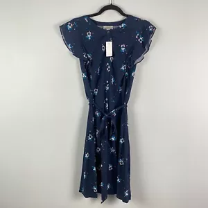 LOFT Short Flutter Sleeve Floral Tie Waist Dress Size 10 Blue - Picture 1 of 10