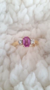 Pink Sapphire & diamond ring, Emerald cut 18 Ct yellow Gold Size K - Never worn - Picture 1 of 7