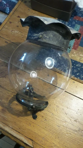 Antique GAS LIGHT GLOBE, Fittings, Cover, Clear, Cast Iron, Tin Cover