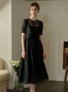 Ariella Round Neck Mesh Embroidered Puff Sleeve Dress Size M - Picture 1 of 7