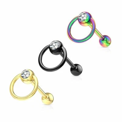 Anillo de lengua gema transparente con llamador de puerta anillo PVD sobre barra de acero quirúrgico 14 g Foto 1 de 4