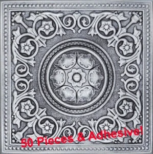 Ceiling Tiles, FOAM, MAJESTY Antique Silver, 50 Pcs & Adhesive (3Tubes) - Picture 1 of 4