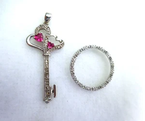 2 Sterling Silver Diamond Pendants Tara Ruby Key To My Heart & Marsala Circle - Picture 1 of 11