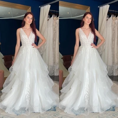 Sleeveless Wedding Dresses White A Line Ruffles Tulle V Neck Ivory Bridal Gowns - Image 1 of 4