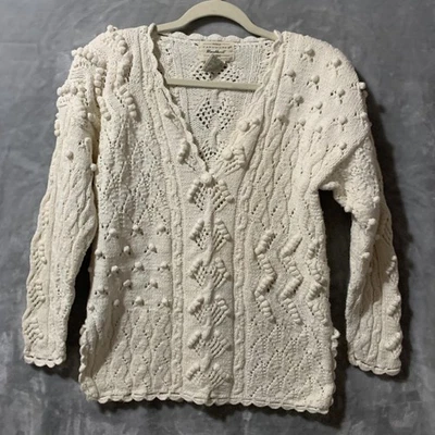 Vintage Yarnworks Sweater Womens Medium Ivory Handknit Cable Popcorn Chunky 90s - Image 1 of 4