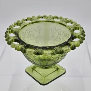 Indiana Glass Lorain Basket Design Avocado Green Glass Footed Lace Trim Planter - Picture 1 of 6
