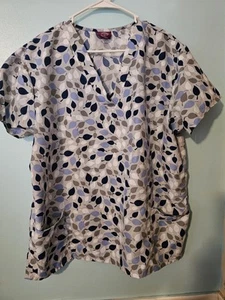 Divine Curves Brand Multicolor Leaf Print On Gray Scrub Top - sz 1X - Picture 1 of 4