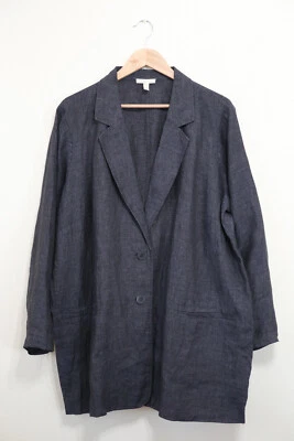 Eileen Fisher Indigo Blue Organic Linen Chambray Long Blazer Light Coat Women 2X - Image 1 of 4