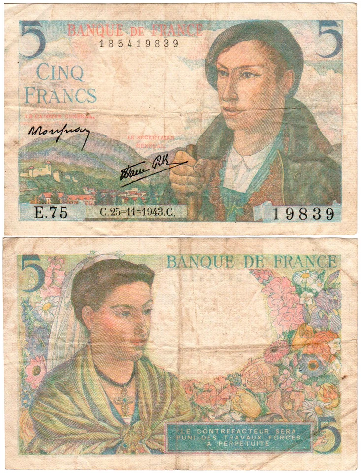 France 5 Francs P#98a (1943) Banque de France VF - Image 1 of 1