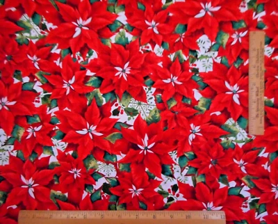Christmas Fabric 1 Yard Red Poinsettias Grn Leaves White Premium Cotton Vtg #34 - Image 1 of 2