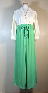 Vintage 70s Bell Bottom Palazzo Jumpsuit Groovy Hippy Small Green Big Collar - Picture 1 of 24