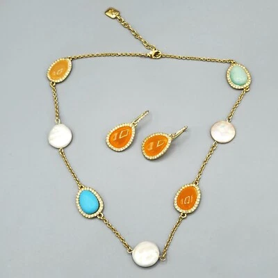 Ralph Lauren FW Pearl Orange Aqua Teardrop Gold Tone Chain Necklace 34" Earrings - Image 1 of 4