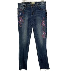 Democracy Womens 4 Flex-ellent Jeans Denim Floral Embroidered Raw Hem BOHO - Imagen 1 de 14