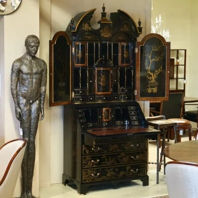 Chinoiserie Secretary Desk Mahogany Piano Black Brown leather top - Image 1 of 4